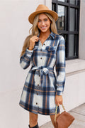 Blaues Kariertes Mini-Hemdkleid mit Taillengürtel