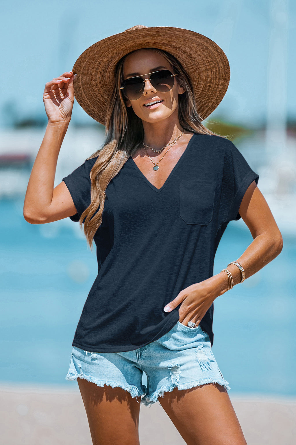 Marineblaues V-Ausschnitt Kurzarm Leicht Transparentes T-Shirt