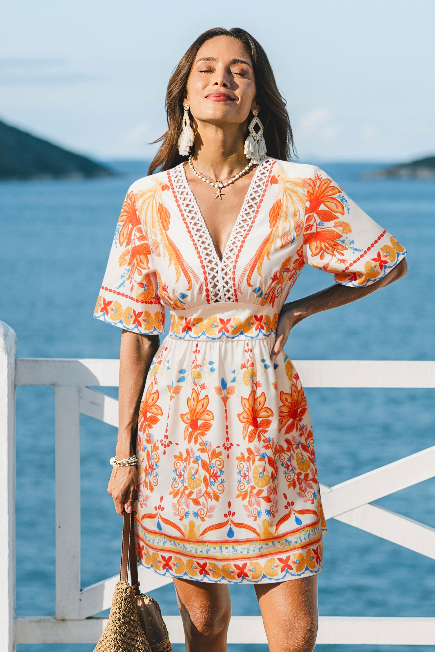 Orange Tropisches Mini-Strandkleid mit tiefem Ausschnitt