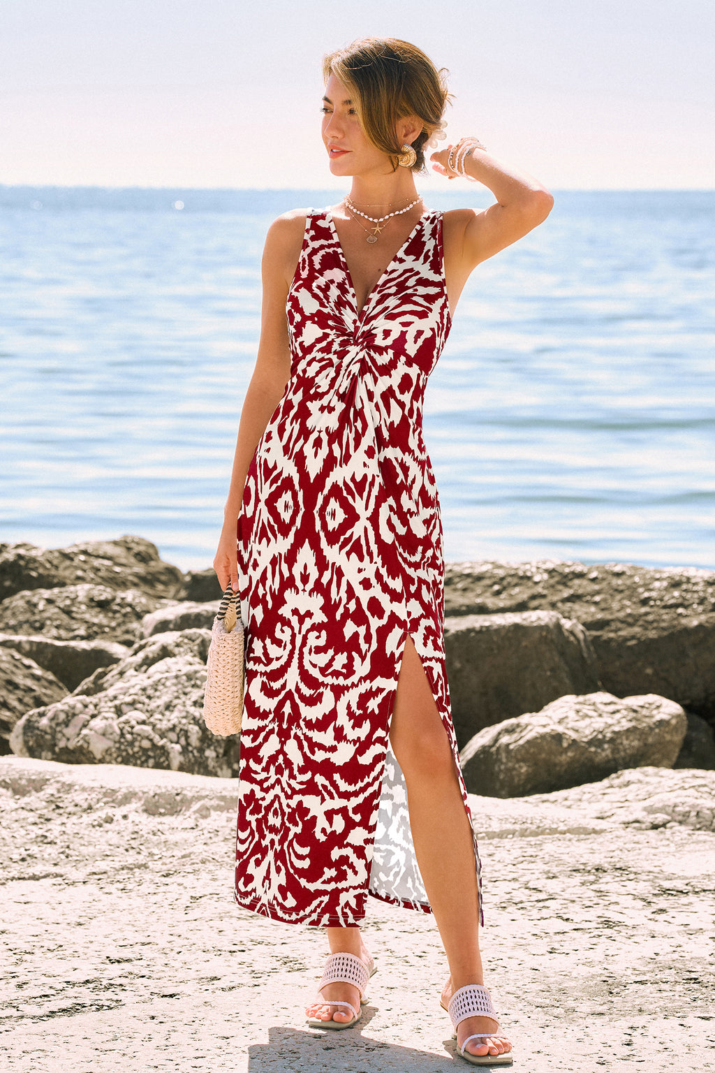 Rot Abstraktes Midi-Sommerkleid mit Seitenschlitz