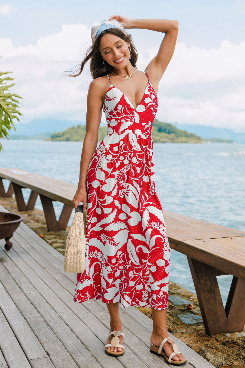 Rot tropisches ärmelloses V-Ausschnitt Maxi-Strandkleid