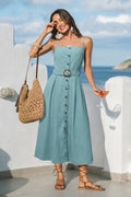 Blaues Eckiger Ausschnitt Midi-Sommerkleid mit Gürtel-Detail