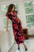 Maroon geblümtes elegantes Maxikleid mit tiefem Ausschnitt