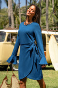 Blaues Elegantes Langarm Mini-Strickkleid