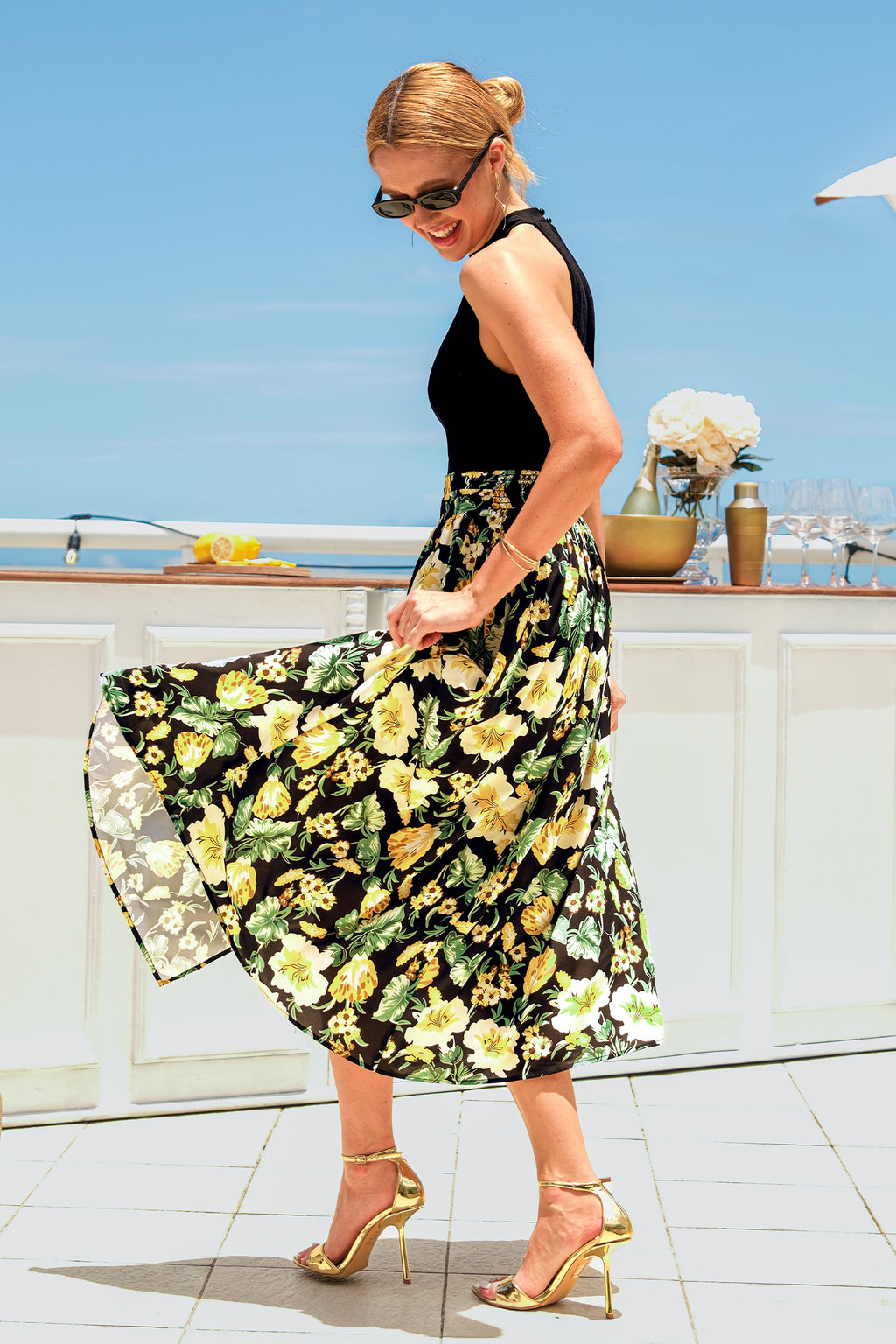 Ärmelloses Hoher Ausschnitt Maxikleid mit Blumenmuster