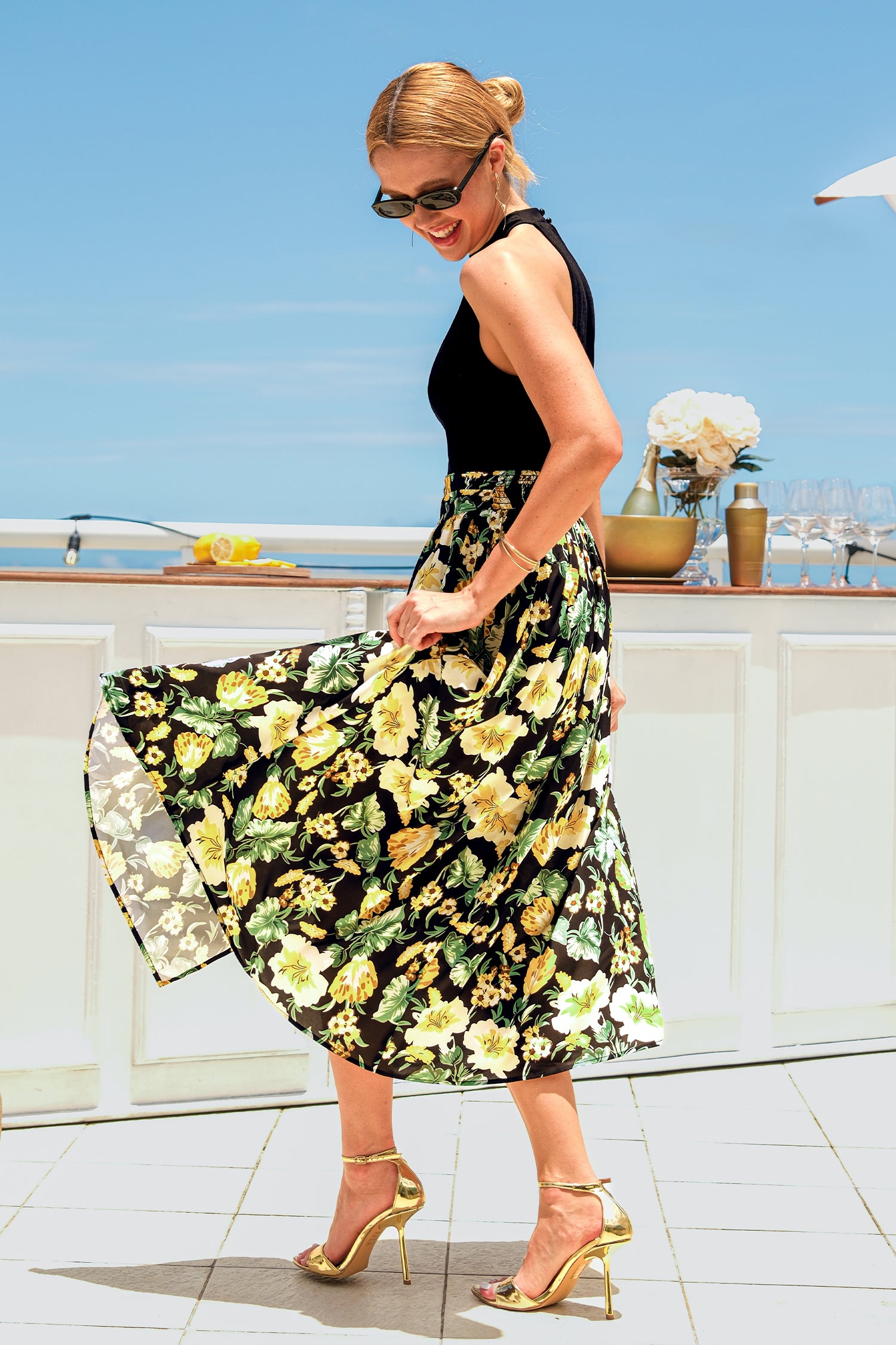 Ärmelloses Hoher Ausschnitt Maxikleid mit Blumenmuster