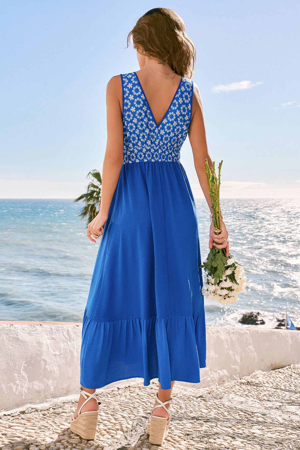 Königsblaues Boho Ärmelloses Tiefer Ausschnitt Maxi-Strandkleid
