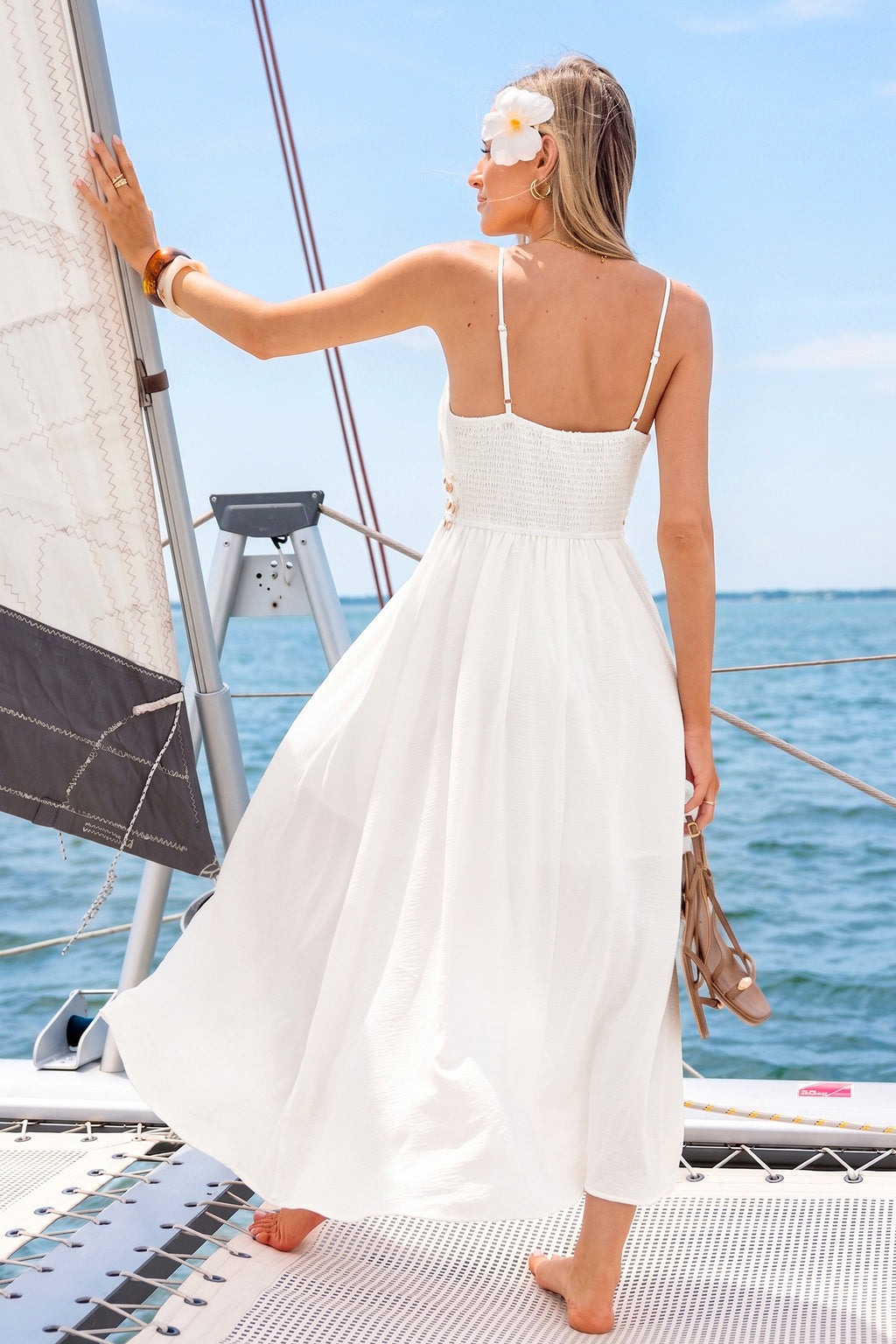 Weißes Boho V-Ausschnitt Maxi-Strandkleid