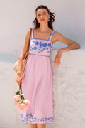 Rosa geblümtes Midi-Strandkleid mit eckigem Ausschnitt