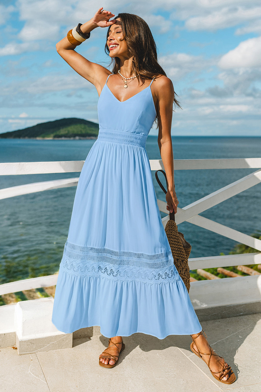 Blaues Ärmelloses V-Ausschnitt Maxi-Strandkleid