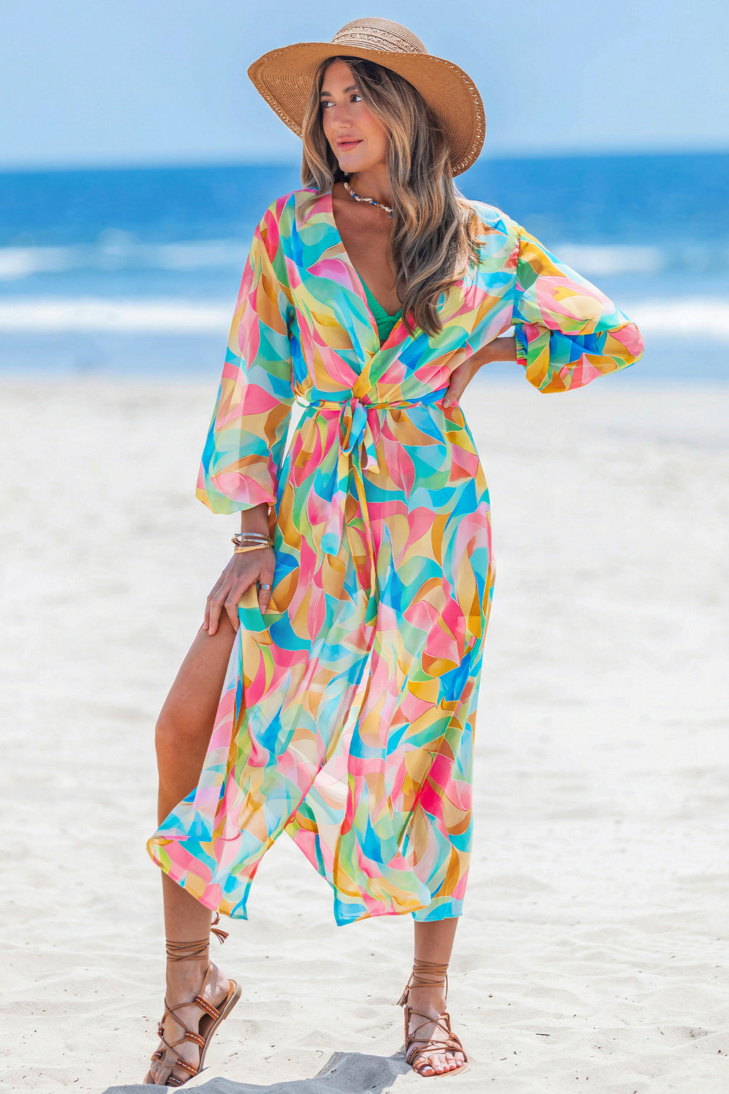 Abstrakter Langarm Strandkimono in Wickeloptik