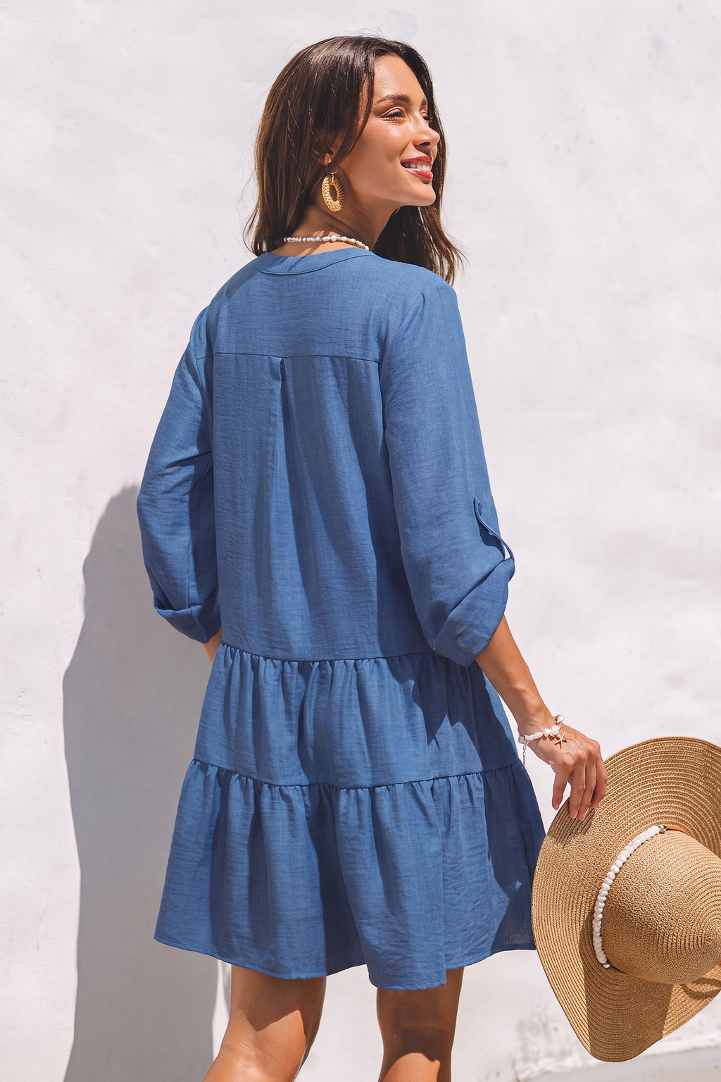 Blaues Halbarm Minikleid