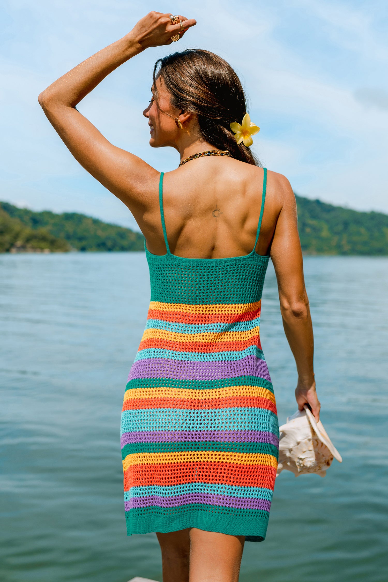 Grün Gestreiftes V-Ausschnitt Mini-Strick-Strandkleid