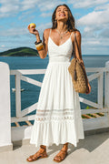 Weißes Ärmelloses V-Ausschnitt Maxi-Strandkleid