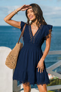 Marineblaues Kurzarm V-Ausschnitt Mini-Strandkleid mit Spitze