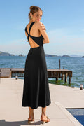 Schwarzes Gerafftes Ärmelloses V-Ausschnitt Midi-Abendkleid