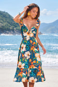 Geblümtes Midi-Sommerkleid mit tiefem Ausschnitt