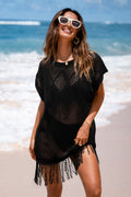 Schwarzes Kurzarm Strick-Strandkleid mit Fransensaum