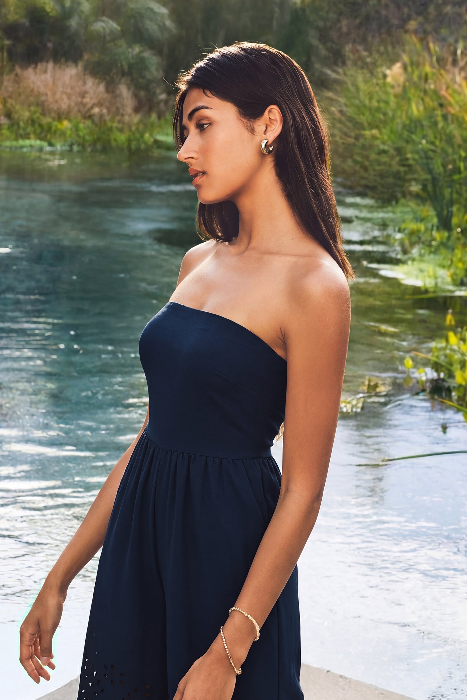 Blauer Gerades Bein Bandeau-Jumpsuit