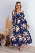 Lange Ärmel Gesmoktes Florales Maxi-Wickelkleid