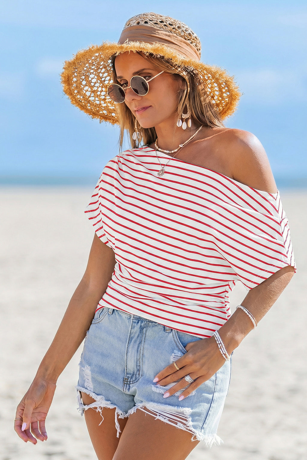 Gestreiftes Off-Shoulder Kurzarm Top