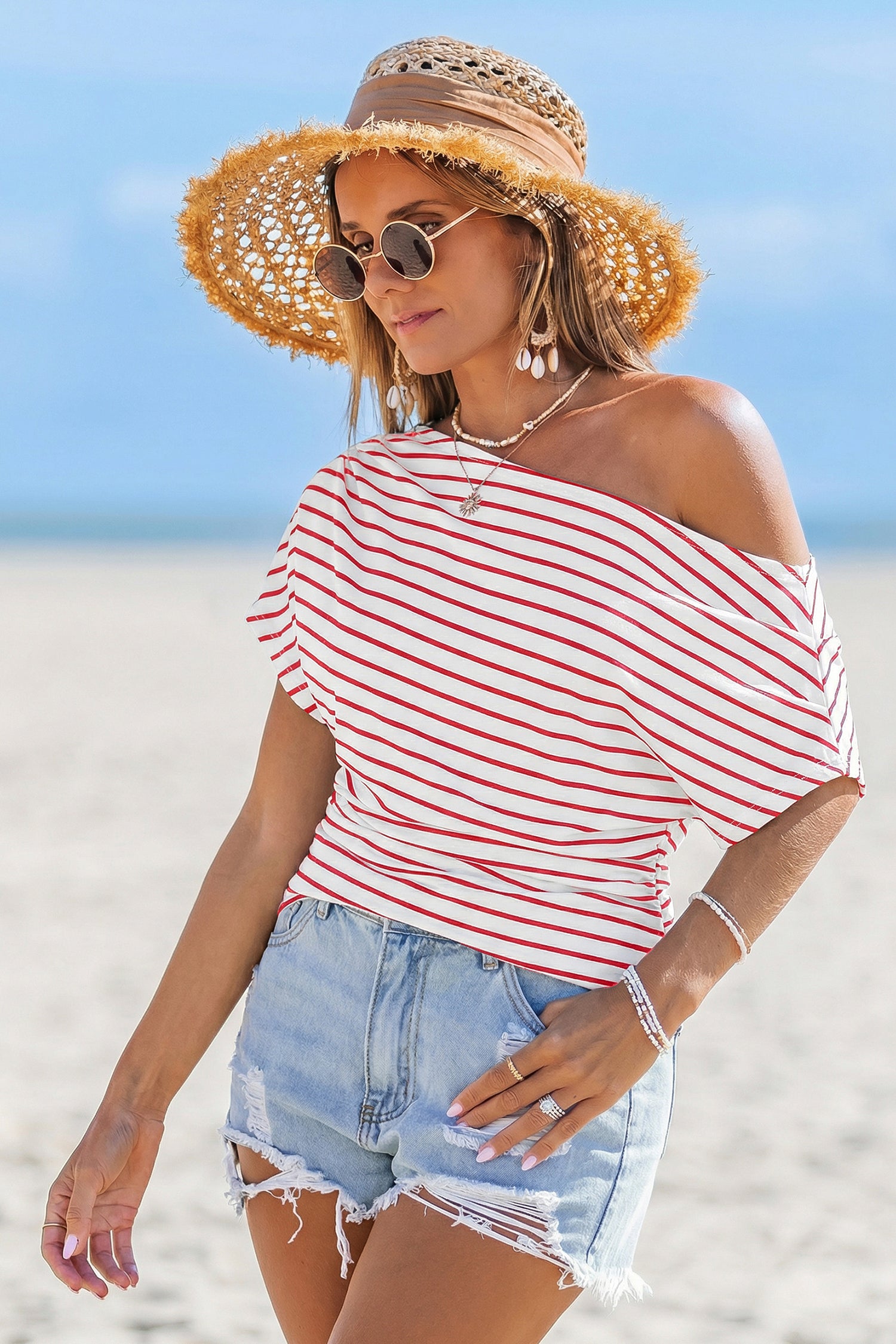 Gestreiftes Off-Shoulder Kurzarm Top