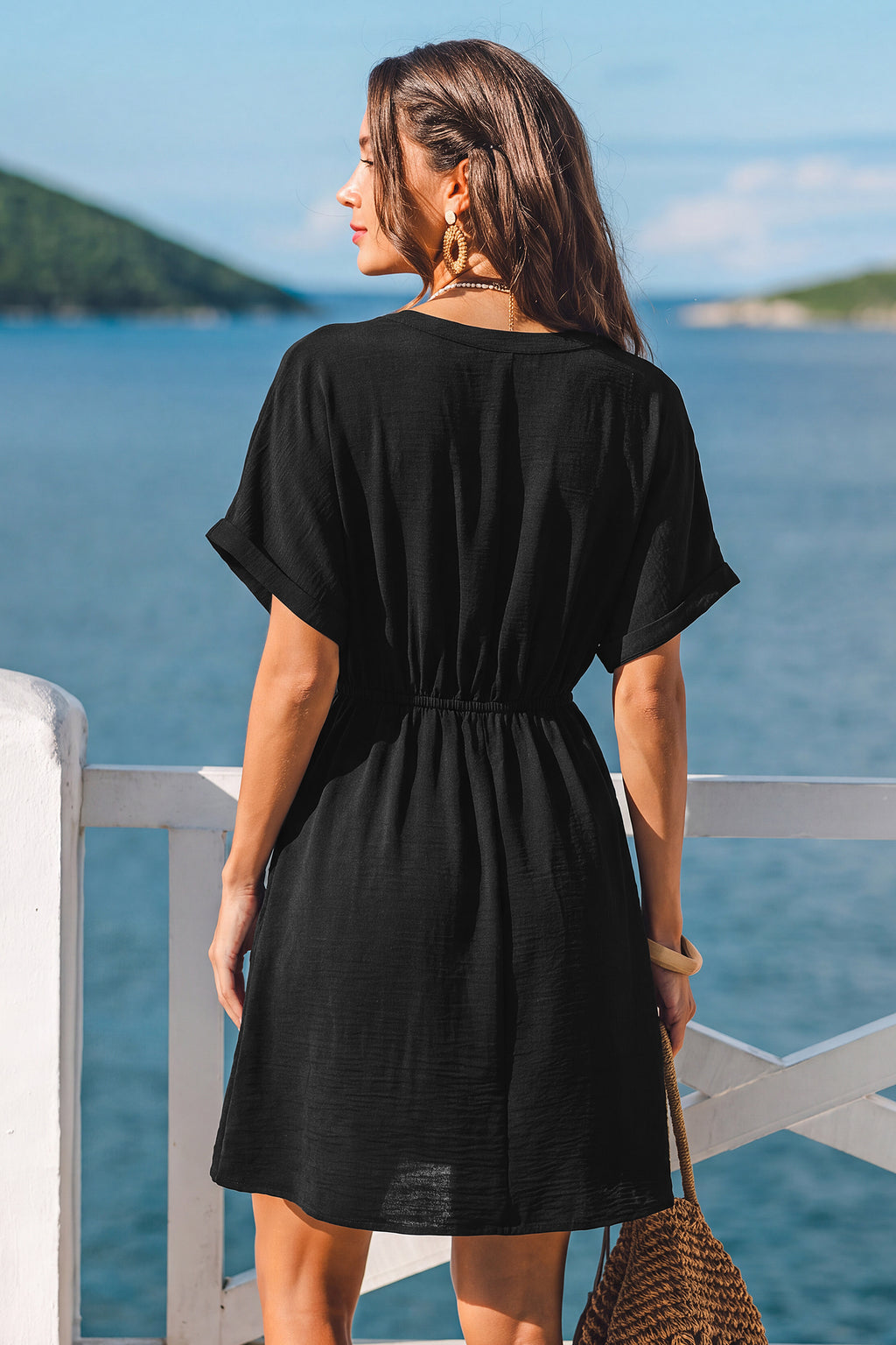 Schwarzes Kurzarm Mini-Freizeitkleid