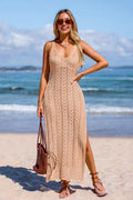 Beiges V-Ausschnitt Midi-Strandkleid mit Seitenschlitz