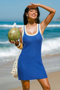 Blaues Figurbetontes Mini-Strick-Strandkleid mit U-Ausschnitt