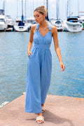 Blauer Gerades Bein Jumpsuit mit V-Ausschnitt