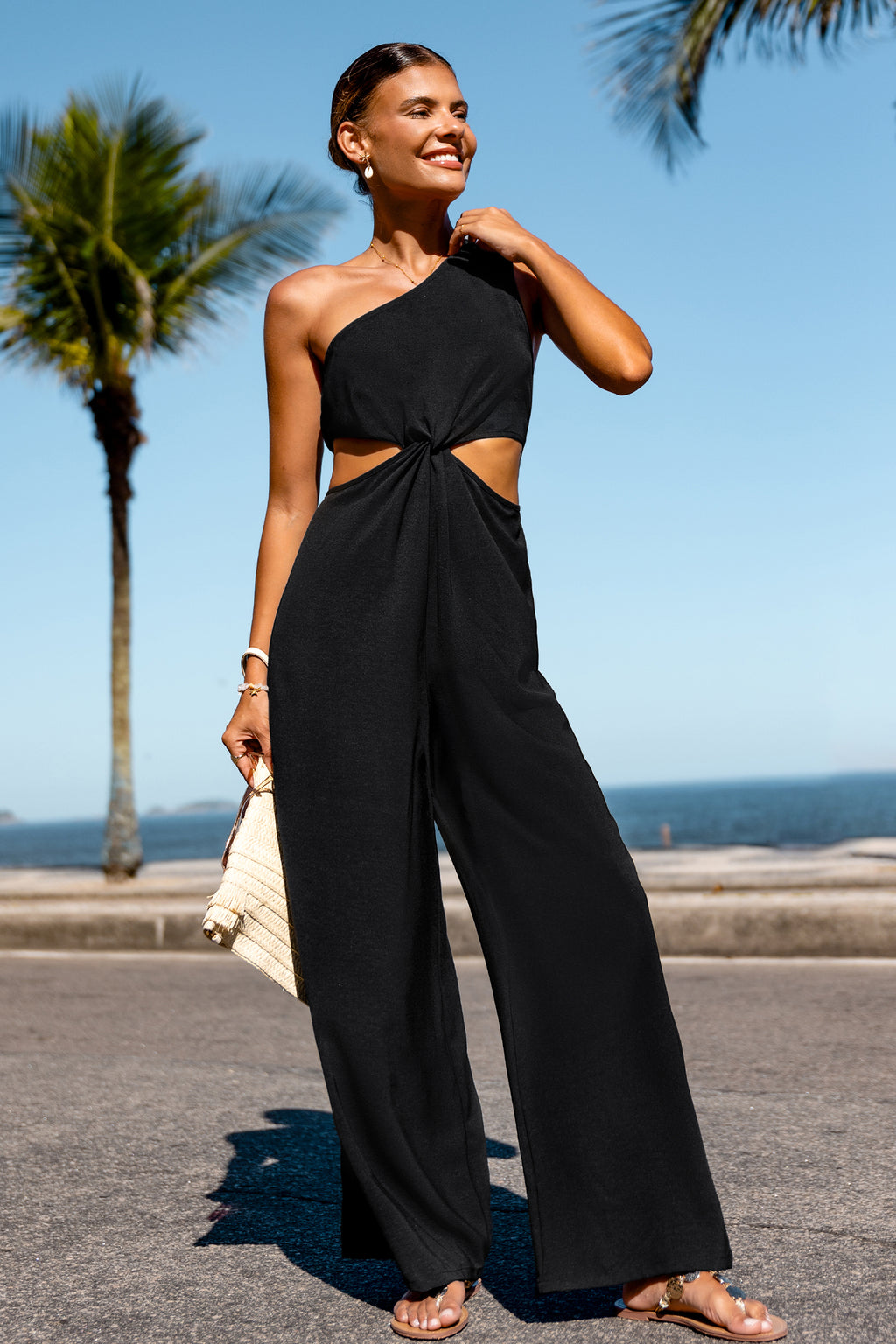 Schwarzer Asymmetrischer Ausschnitt Ärmelloser Wide-Leg-Jumpsuit