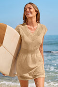Khaki Mini-Strick-Strandkleid mit V-Ausschnitt