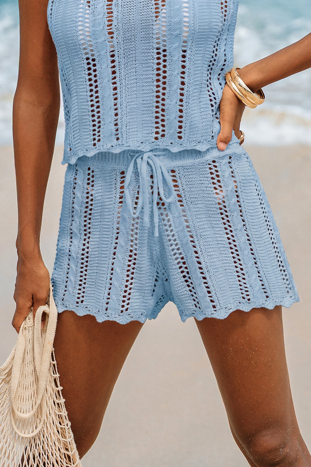 Blaue Strick-Strandshorts mit Kordelzug