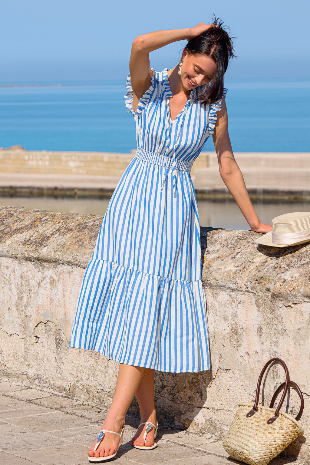 Blau Gestreiftes Maxi-Blusenkleid