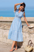 Blau Gestreiftes Maxi-Blusenkleid