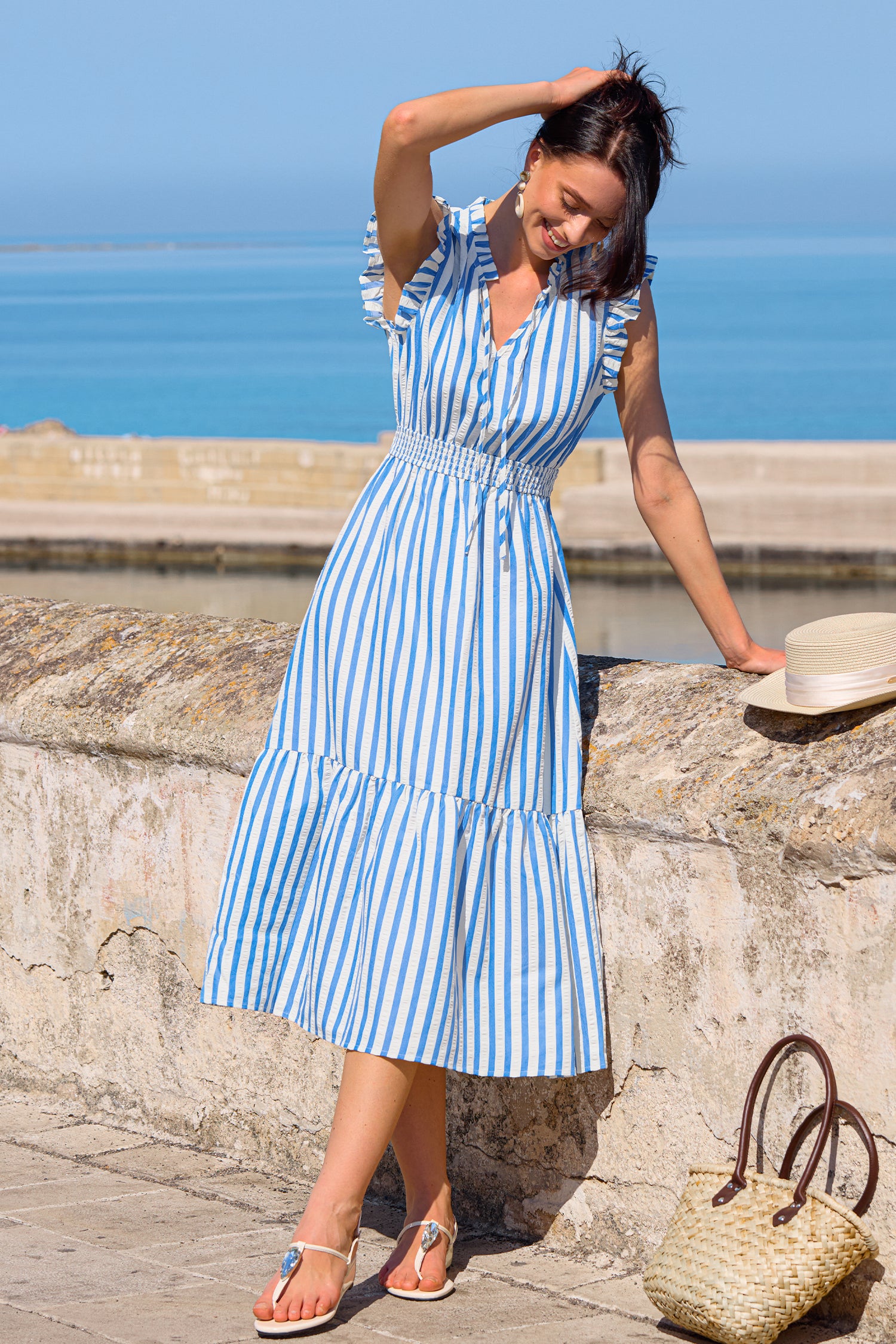 Blau Gestreiftes Maxi-Blusenkleid
