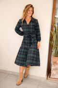 Kariertes Langarm Midi-Blusenkleid
