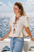 Beiges Kurzarm Rundhals Peplum-Top mit Bindeband