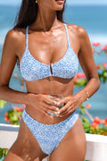 Himmelblau Geblümtes Low-Waist Bikini-Set