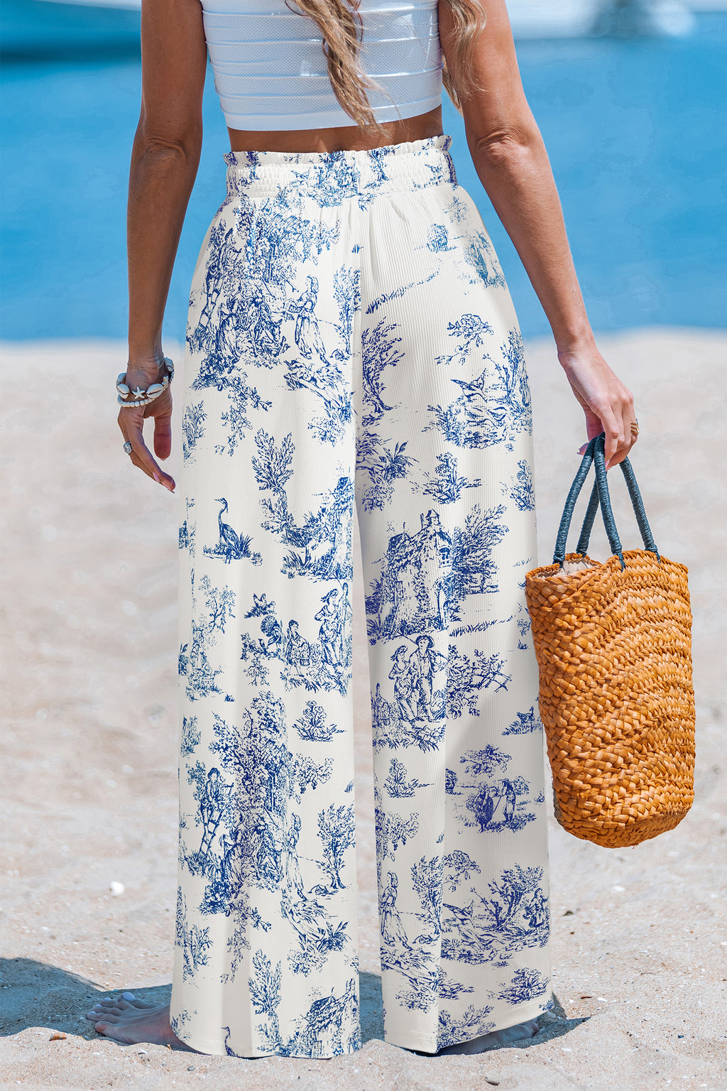 Blau-Weiße Gesmokter Bund Hose mit Blumenmuster
