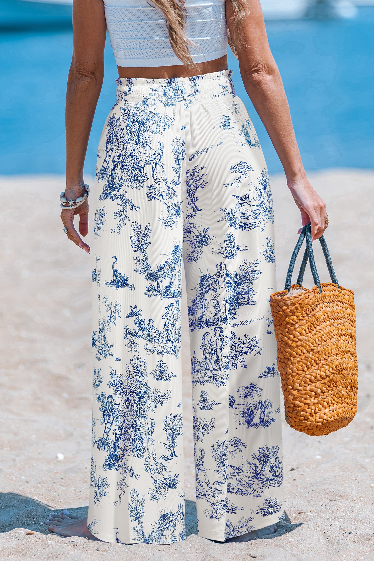 Blau-Weiße Gesmokter Bund Hose mit Blumenmuster