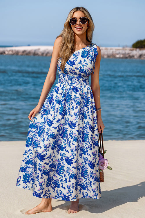Blau Tropisches Asymmetrischer Ausschnitt Maxi-Strandkleid