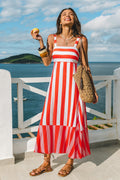 Rot Gestreiftes Maxi-Strandkleid mit eckigem Ausschnitt