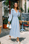 Blau Elegantes Geblümtes V-Ausschnitt Langarm Maxikleid