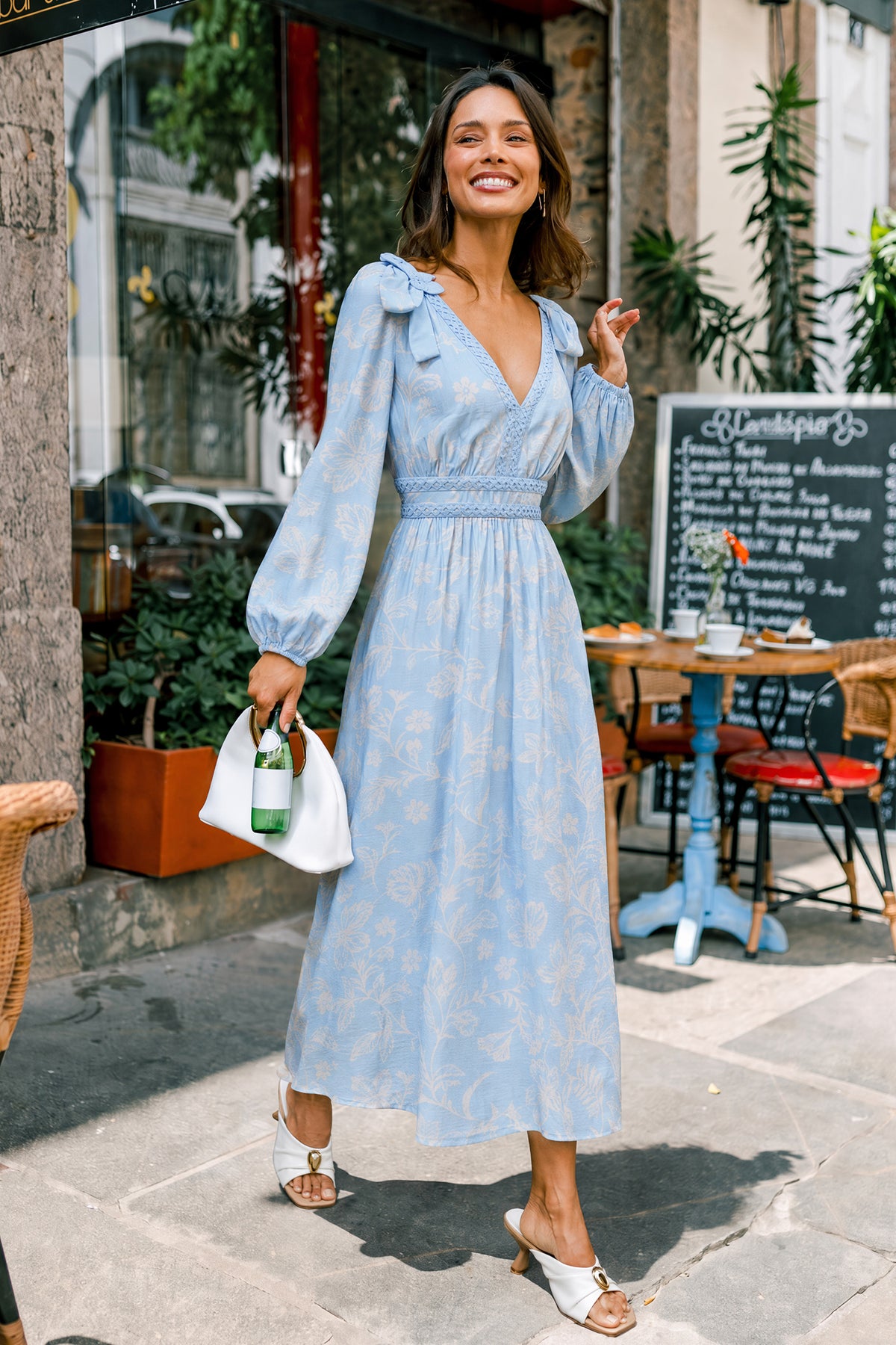 Blau Elegantes Geblümtes V-Ausschnitt Langarm Maxikleid