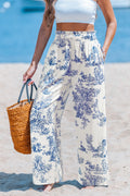 Blau-Weiße Gesmokter Bund Hose mit Blumenmuster