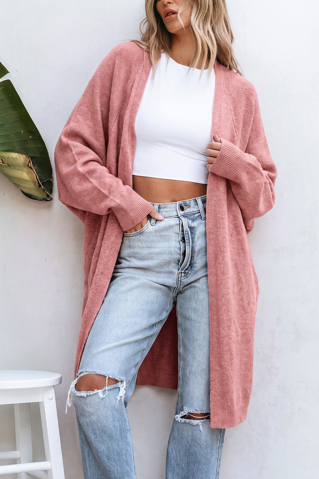 Rosa Strickjacke mit offener Vorderseite