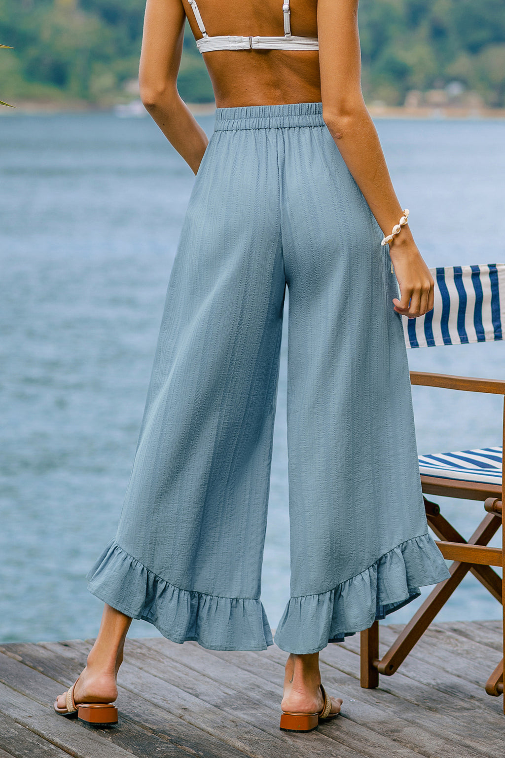 Blaue Wide-Leg-Hose mit elastischem Bund aus Baumwolle