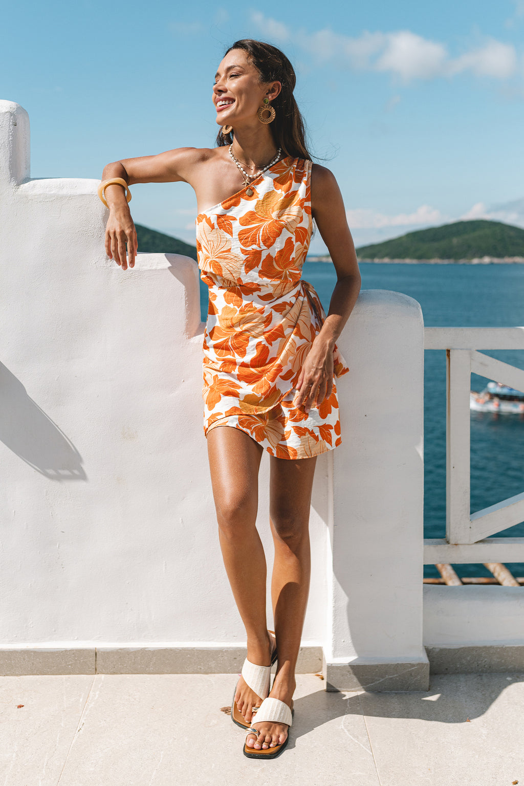 Orange Geblümtes Asymmetrischer Ausschnitt Mini-Strandkleid