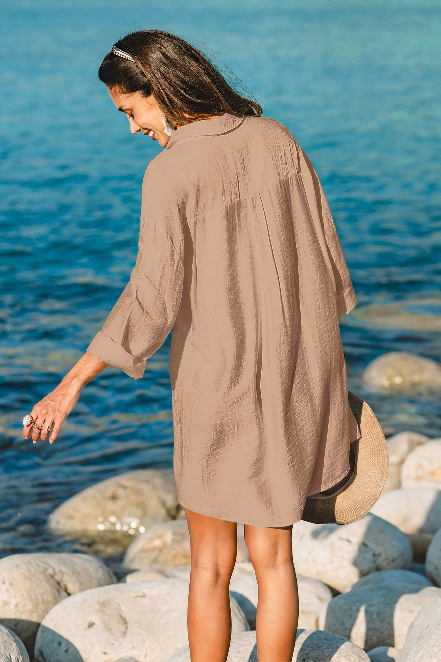 Khaki Langarm Mini-Strand-Blusenkleid
